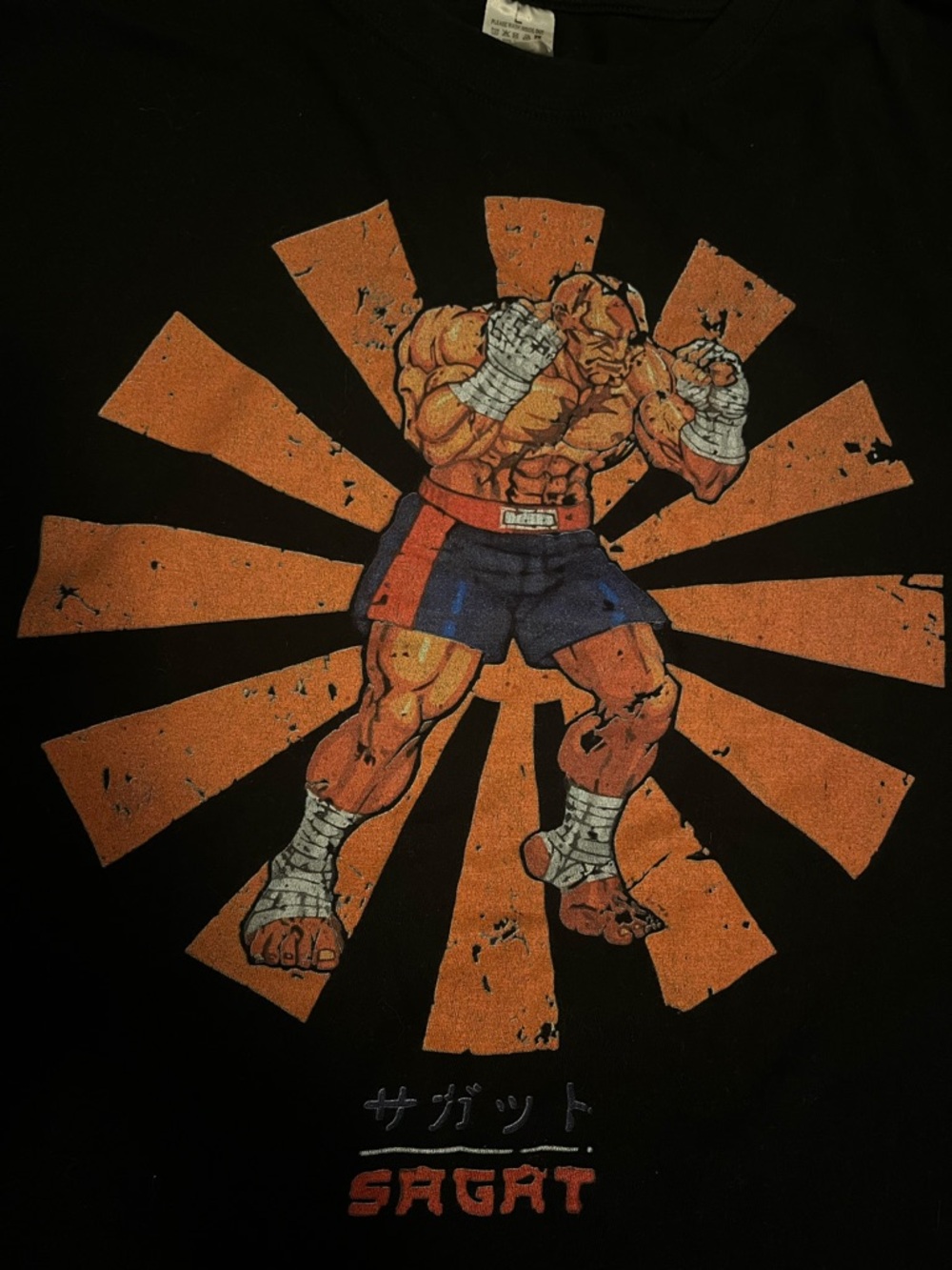 Sagat Graphic Tee - Black with Orange & Blue Print Street Fighter Shirt - Picture 3 of 4